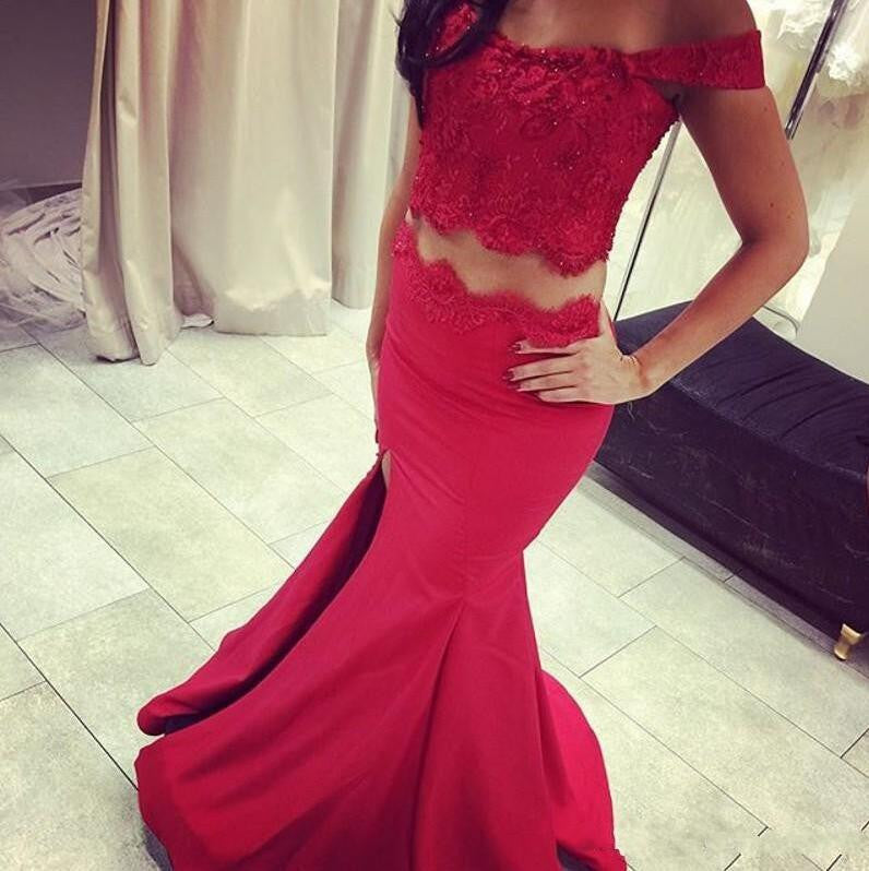 Off Shoulder Two Pieces Mermaid Evening Prom Dresses, 2017 Sexy Red Prom Dress, Custom Long Prom Dress, Cheap Party Prom Dress, Formal Prom Dress, 17040