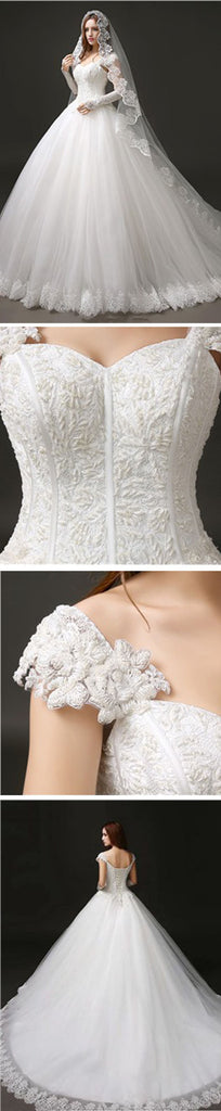 Classic Style Cap Sleeve Lace Top Ball Gown Lace Up Wedding Dresses, WD0157