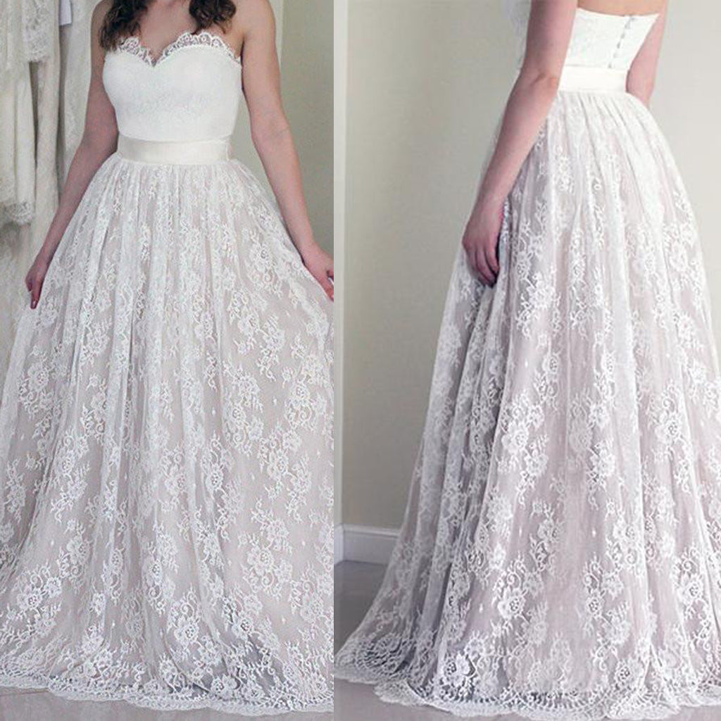 Sweetheart Neckline Lace A line Wedding Dresses, Strapless Cheap Wedding Gown, Affordable Bridal Dresses, 17090