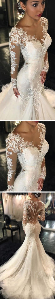 Luxury See Through Long Sleeve Sexy Mermaid Lace Tulle Wedding Dresses, WD0198