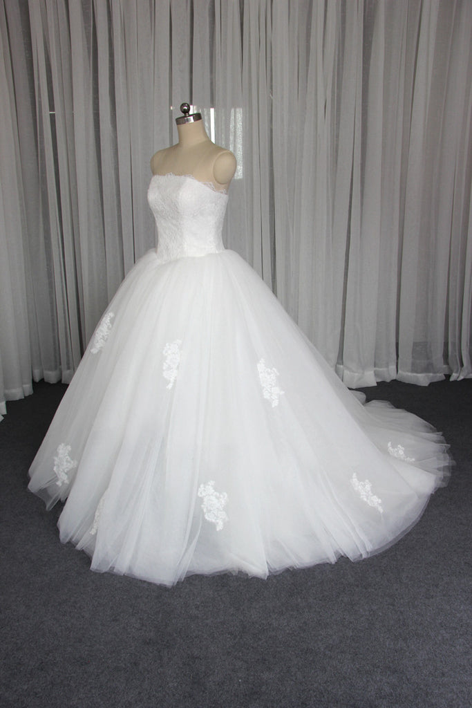 Gorgeous Strapless A line Custom Affordable Lace Wedding Bridal Dresses, WD0093