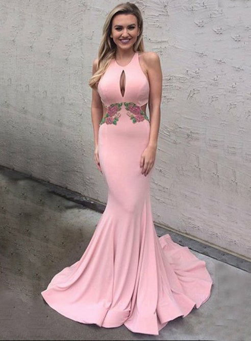 Pink Mermaid Sxey Backless Prom Dress, Applique Jersey Floor-Length Prom Dress, KX208