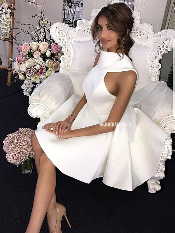 Short White A-line Satin Backless High Neck Bridesmaid Dresses, FC2271