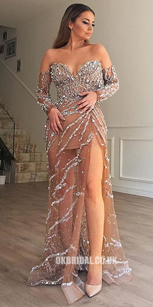 Sparkly Beaded A-Line Off Shoulder Long Sleeve Sexy Slit Backless Prom Dresses, FC2288