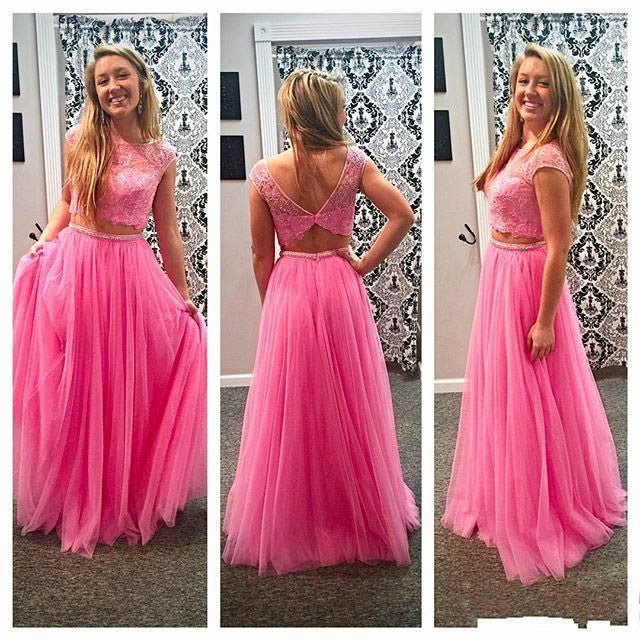 Junior Pretty Two Pieces Lace Pink Tulle Open Back Formal Cheap Long Prom Dresses, WG256