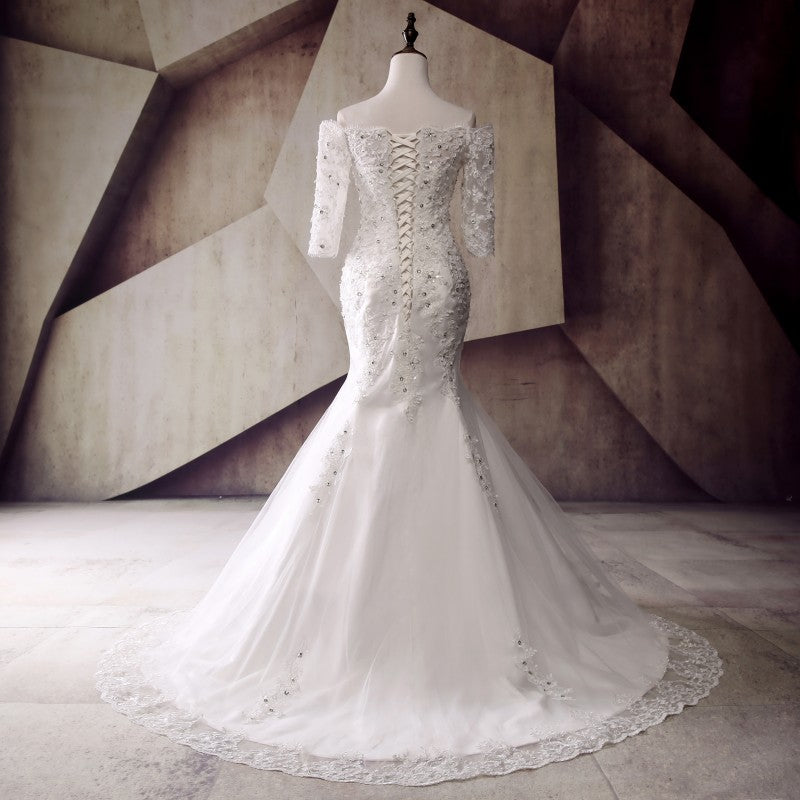 Long Wedding Dress, Off Shoulder Wedding Dress, Tulle Mermaid Wedding Dress, Applique Bridal Dress, Sequin Wedding Dress, Lace Wedding Dress, LB0299