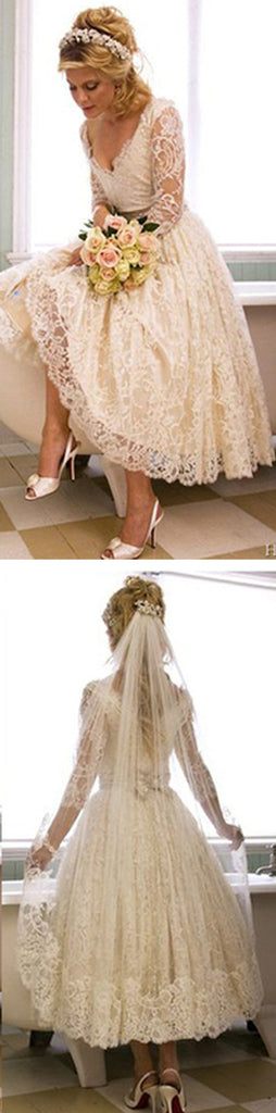 Vantage V-Neck Long Sleeve Tea Length White Lace Princess Wedding Party Dresses, WD0031
