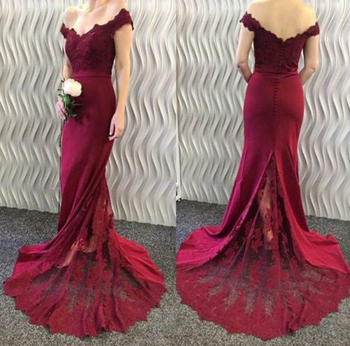 Burgundy Charming Lace Off Shoulder Popular Long Bridesmaid Dresses, WG377