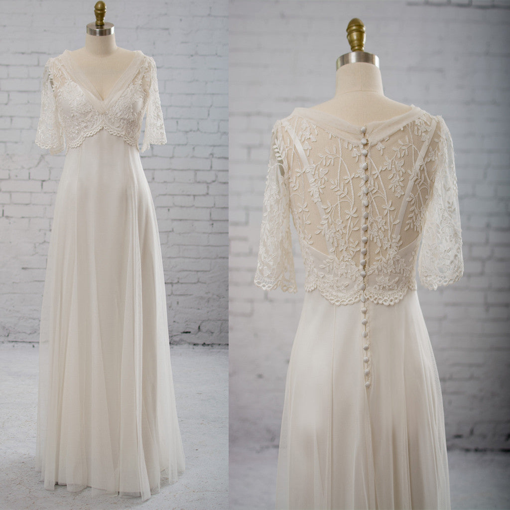 Vantage Half Sleeve V-Neck Elegant See Through Wedding Party Dresses, WD0037