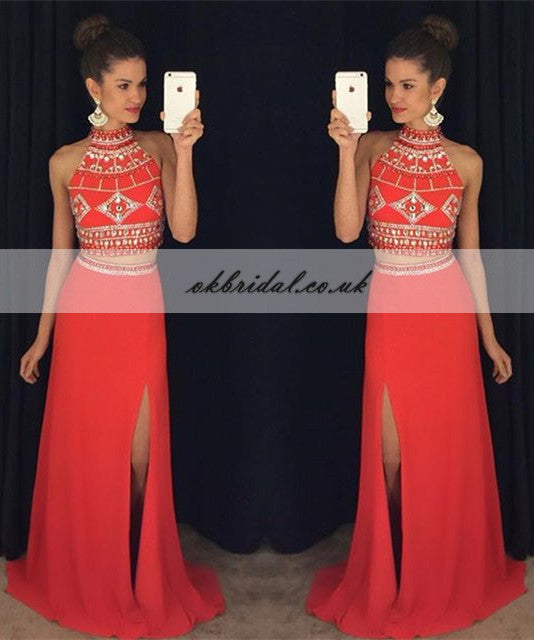Two Pieces Open-Back Beaded Prom Dress, Red Jersey Slit Prom Dress, KX381