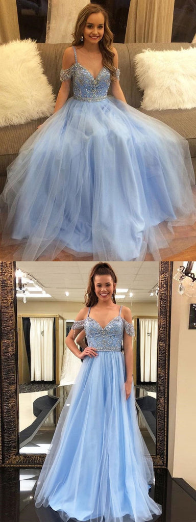 Hot Sale Beaded A-Line Prom Dress, Blue Tulle Elegant Prom Dresses, KX400