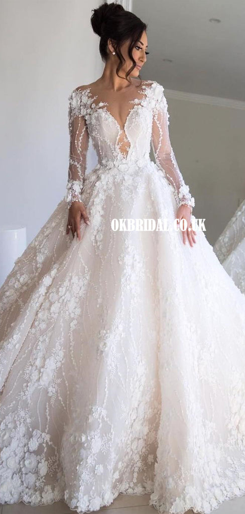 Luxury A-line Lace Long Sleeves Wedding Dresses, FC4568