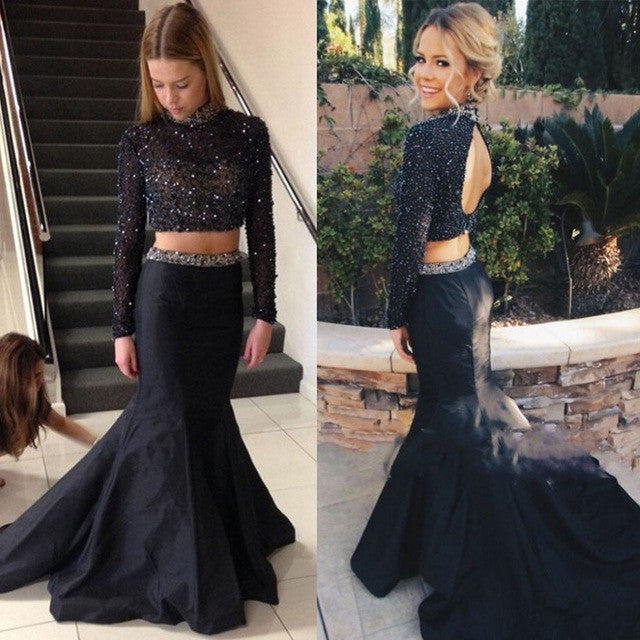 Black Two Pieces Sexy Mermaid Backless Long Sleeve High Neck Long Prom Dress, WG507