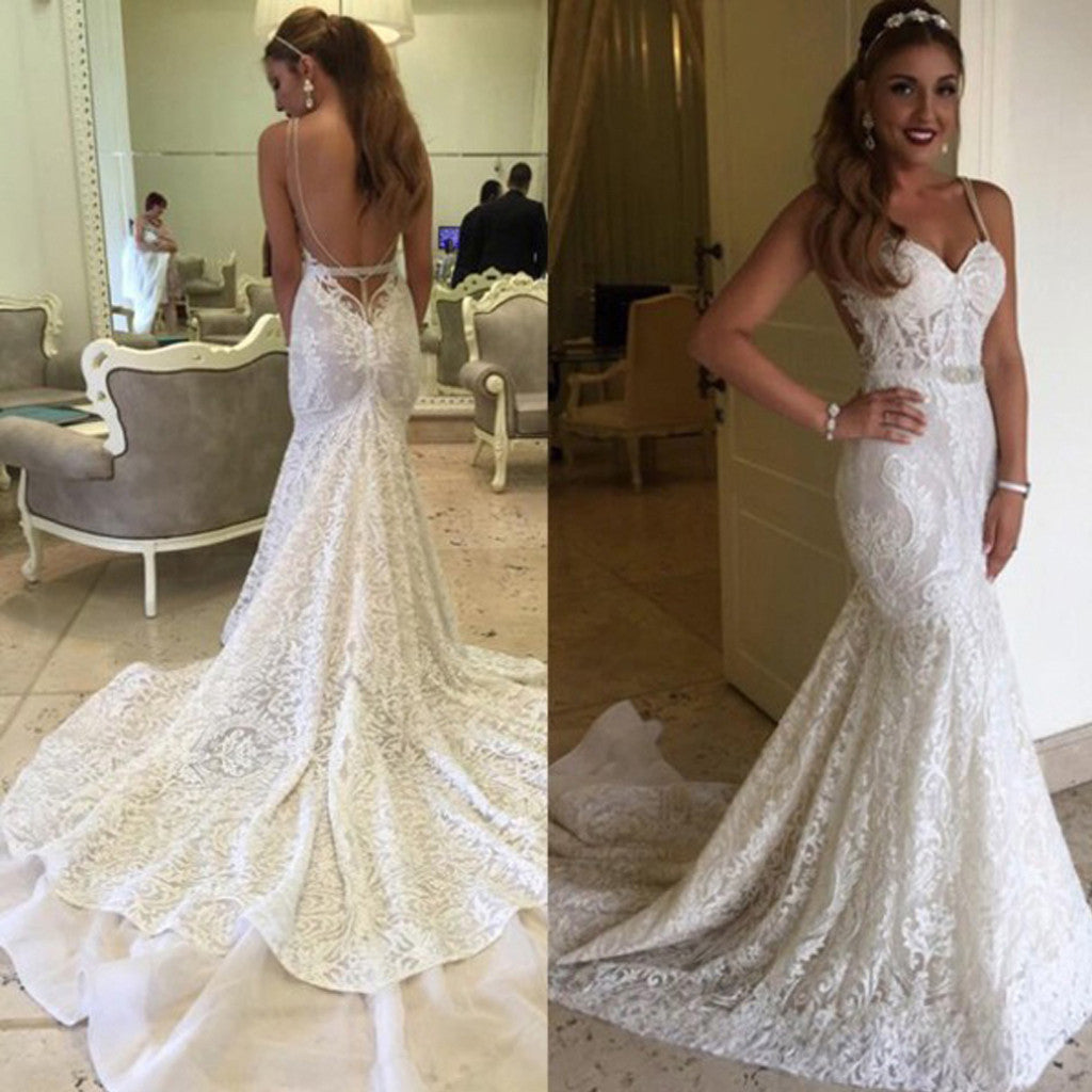 Sexy Mermaid Spaghetti Backless Lace Bridal Gown, Wedding Party Dresses, WD0053