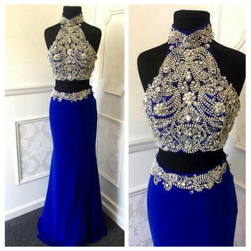 2 Pieces Gorgeous Royal Blue High Neck Sexy Long Prom Dress, WG564