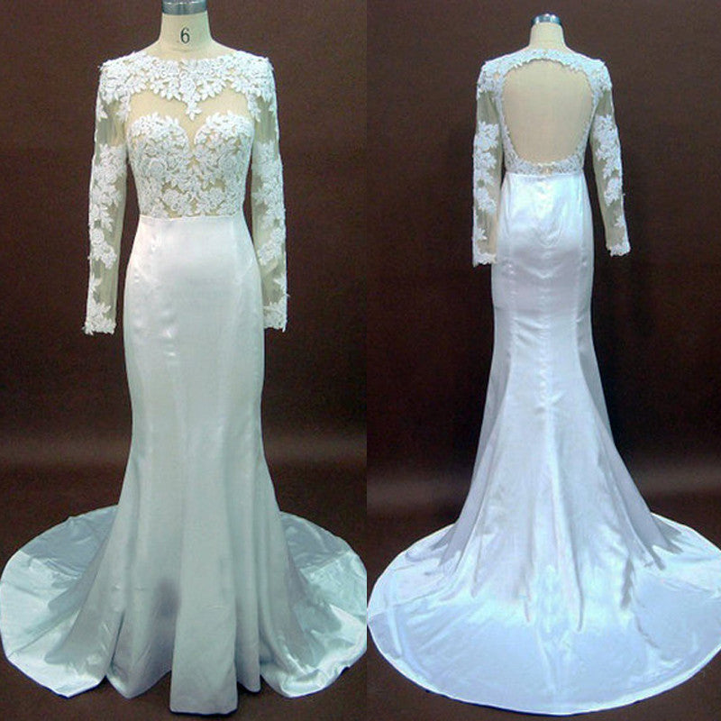 Long Sleeves Lace Mermaid Open Back White Long Wedding Party Dresses, WG613