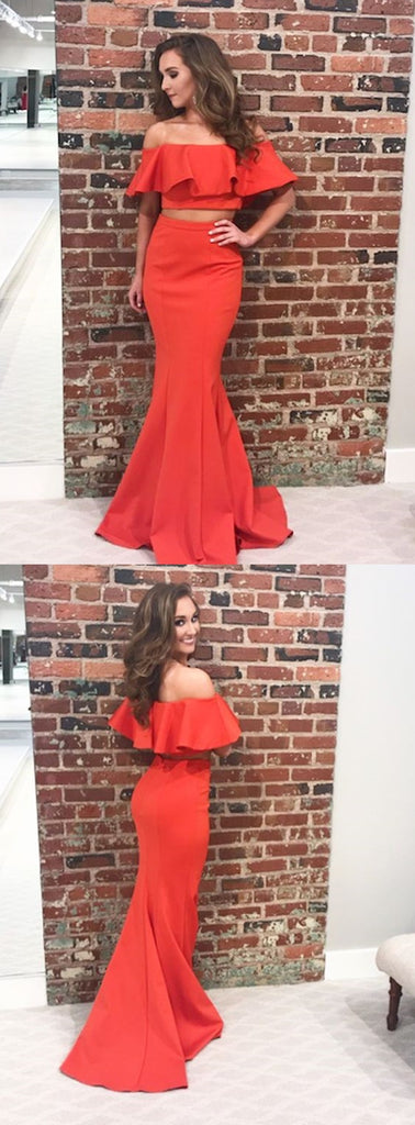 Two Pieces Mermaid Jersey Prom Dress, Charming Off Shoulder Red Prom Dress, KX613