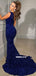 Sparkle Sequin Royal Blue Mermaid Slit One Shoulder Prom Dresses, FC6208