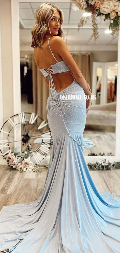 Charming Spaghetti Straps Mermaid V-neck Backless Long Prom Dresses, FC6220
