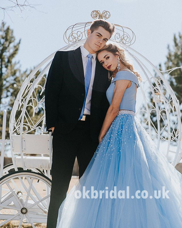 Two Pieces Off Shoulder Prom Dress, Blue A-Line Beaded Prom Dress, KX623