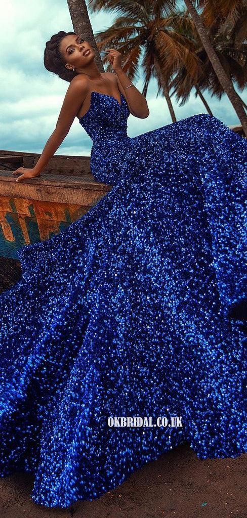 Royal Blue Mermaid Sparke Sequin Backless Long Prom Dresses, FC6249