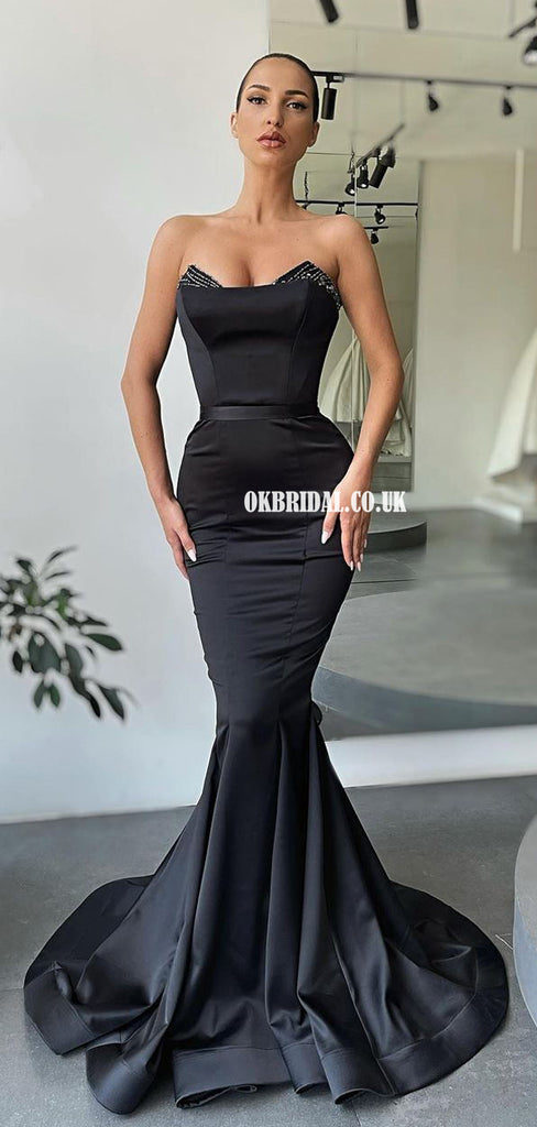 Stunning Black Sweetheart Satin Mermaid Beaded Long Prom Dresses, FC6255