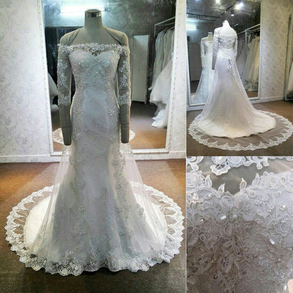 Long Sleeves Straight Neck Charming Lace Beaded Stunning Inexpensive Wedding Dress, WG635