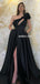 Gorgeous A-line Black Satin Slit Sequin One-shoulder Prom Dresses, FC6481
