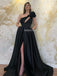 Gorgeous A-line Black Satin Slit Sequin One-shoulder Prom Dresses, FC6481
