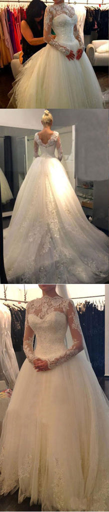 Long Sleeve Illusion White Lace Tulle Wedding Dresses, Cheap Vantage V-back Bridal Gown, WD0007