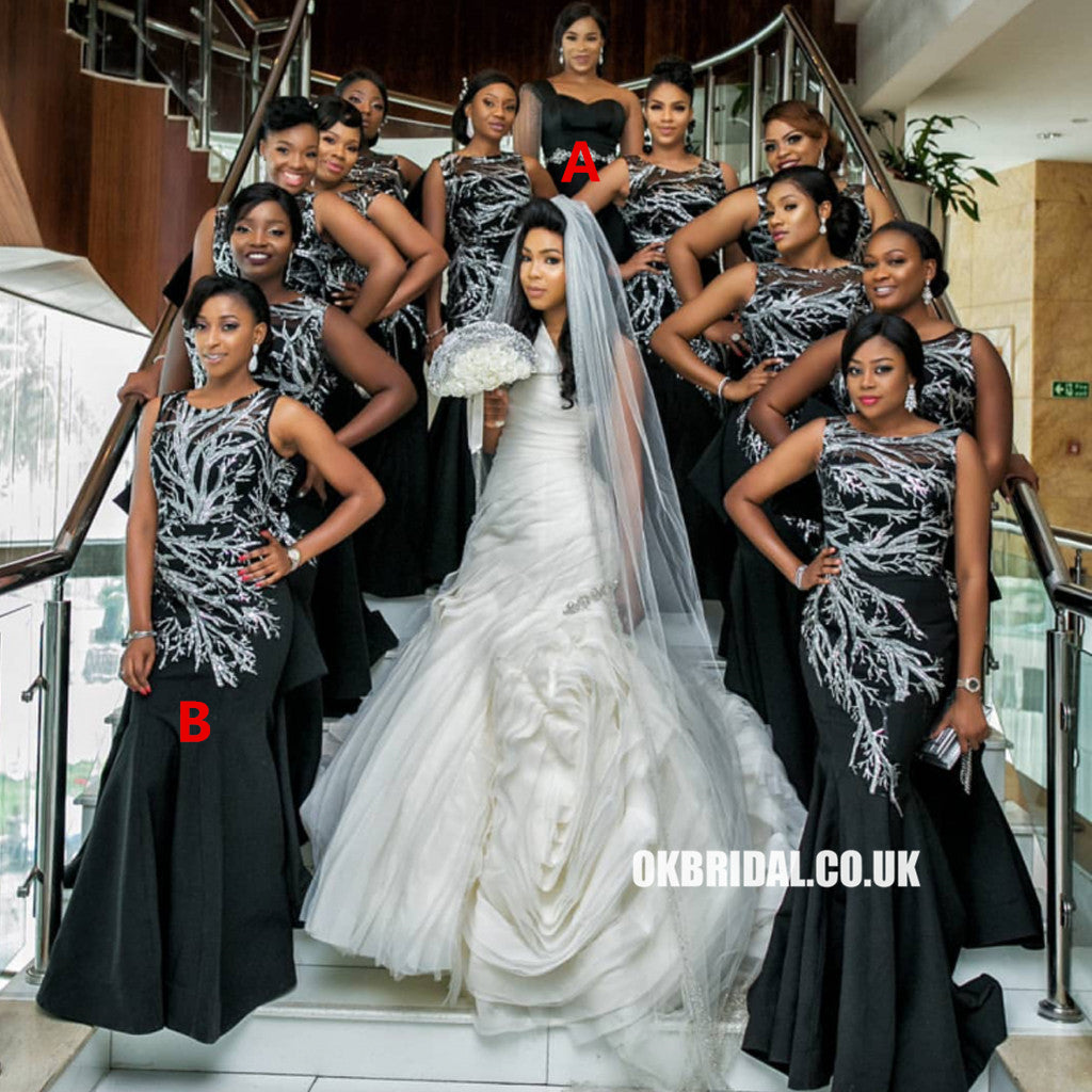 Black Mermaid Satin Mismatched Lace Appliques Sleeveless Bridesmaid Dress, FC4308