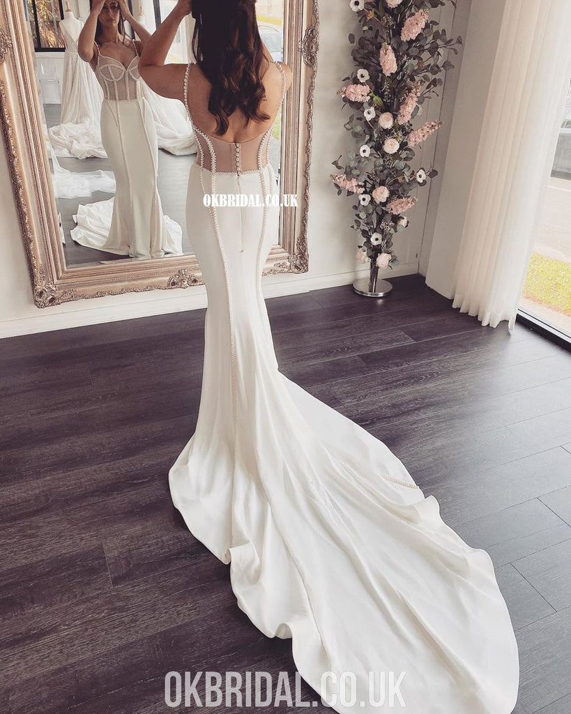 Gorgeous Mermaid Beaded Spaghetti Straps Backless Satin Wedding Dresses, FC4572