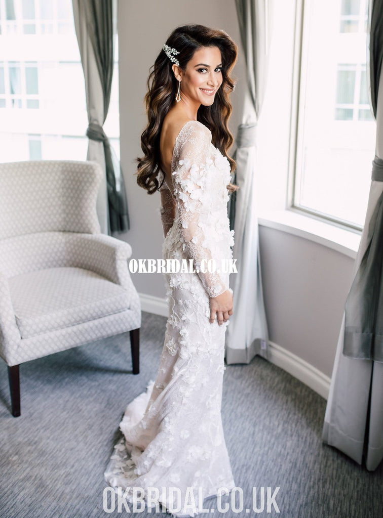 Luxury Mermaid Lace Long Sleeves Backless Sexy Wedding Dresses, FC4908